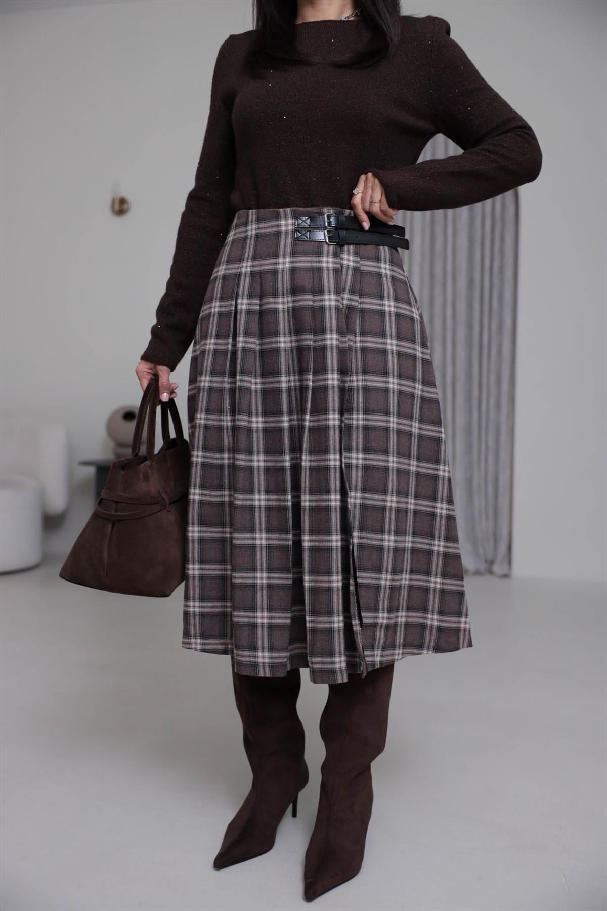 4228 Çift Kemer Detaylı Ekose Etek KAHVE