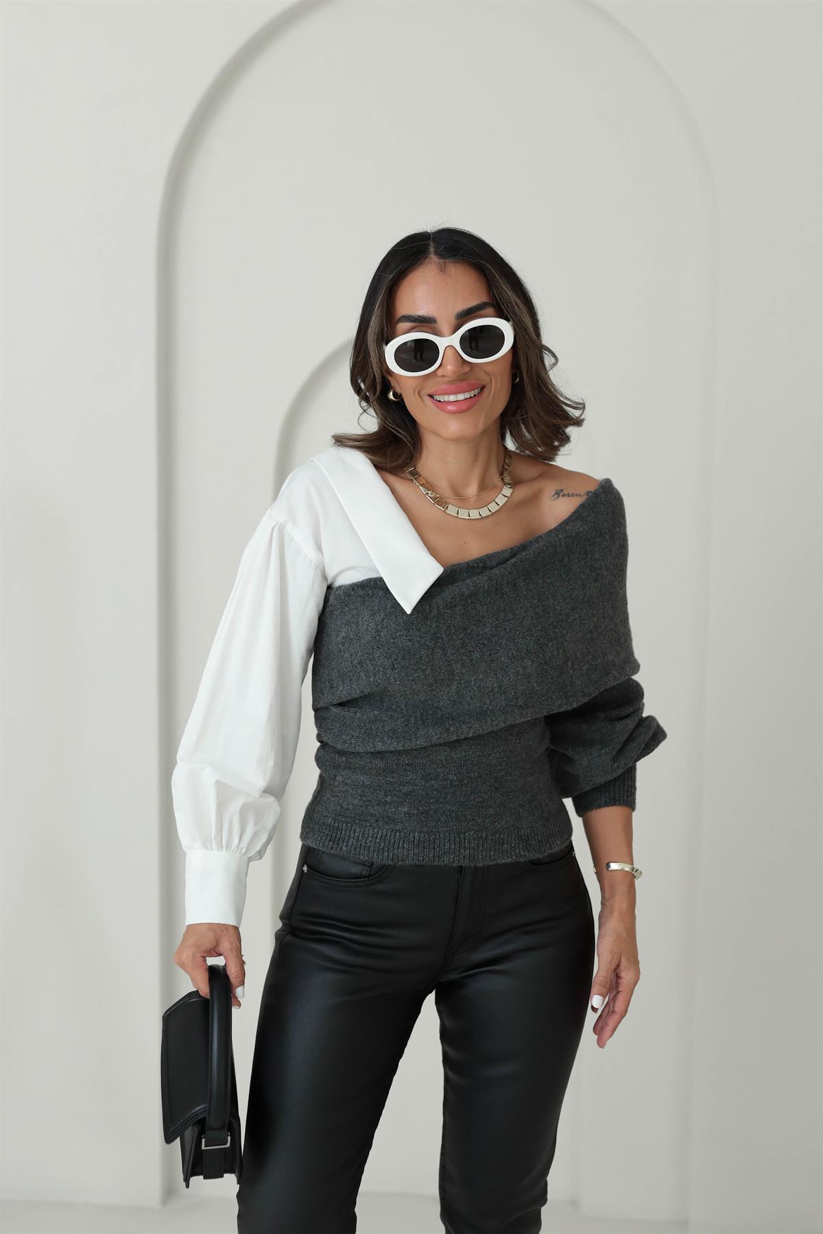 4256 Gömlek Garnili Triko Bluz ANTRASİT