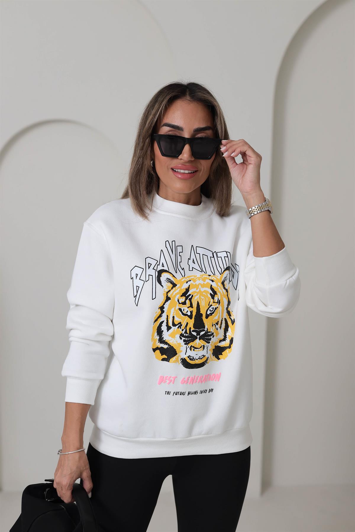 Bisiklet Yaka Kaplan Baskılı Şardonlu Sweatshirt EKRU