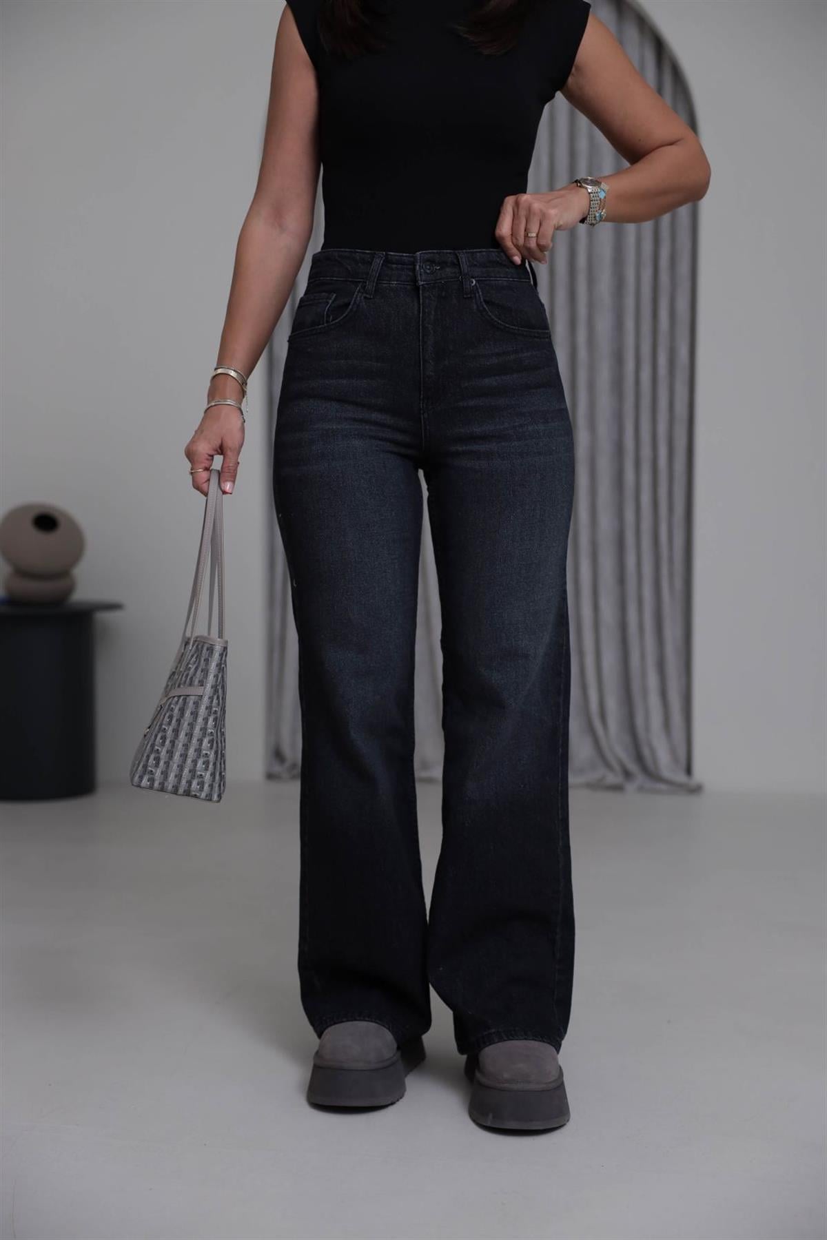 Yüksek Bel Wide Leg Jean YIKAMALI SİYAH