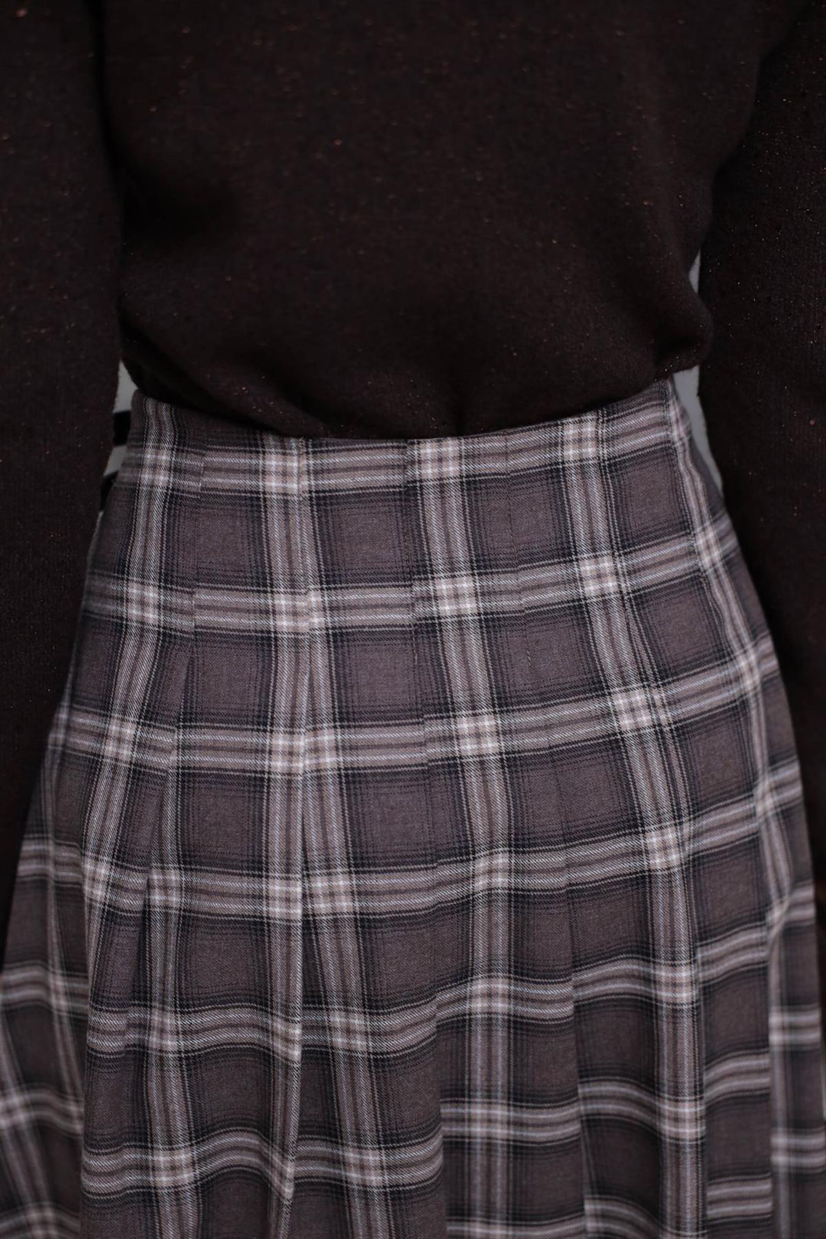 4228 Çift Kemer Detaylı Ekose Etek KAHVE