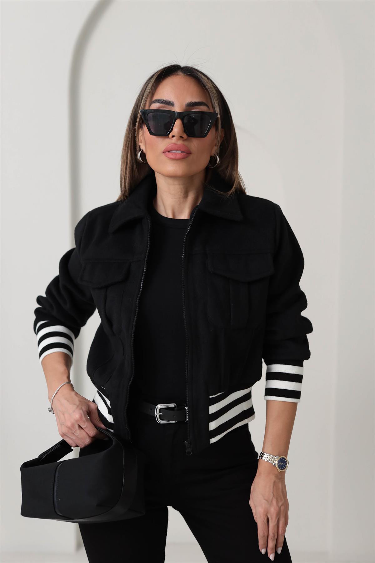 3615 Siyah Beyaz Ribanalı Kaşe Bomber SİYAH