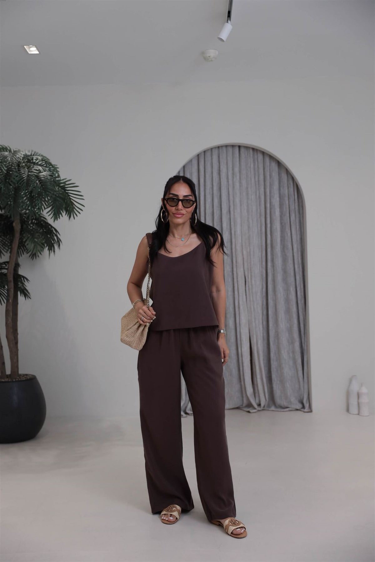 9298 İp Askılı Tencel Takım KAHVE