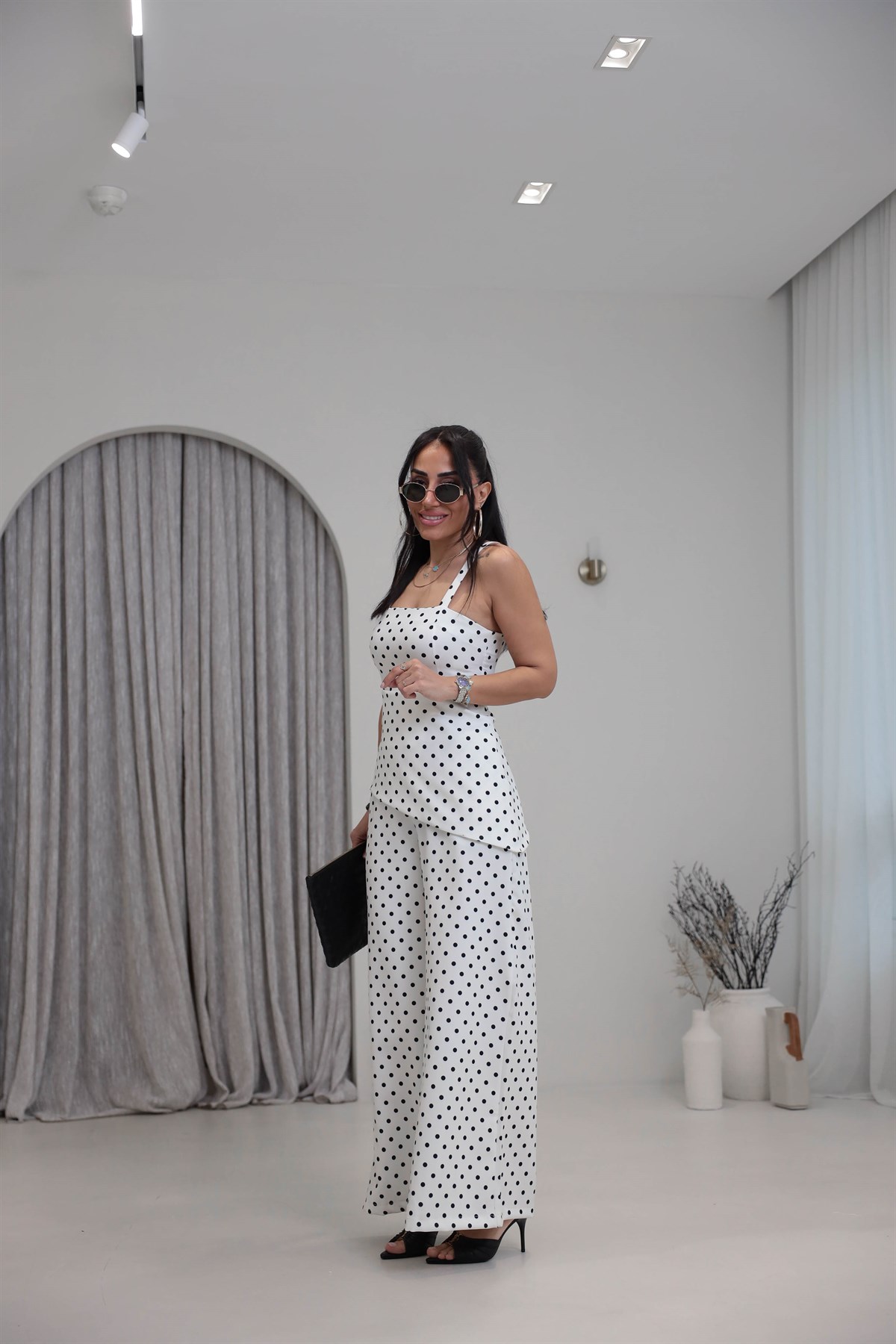 4161 Puantiyeli Askılı Bluz Pantolon Takım EKRU