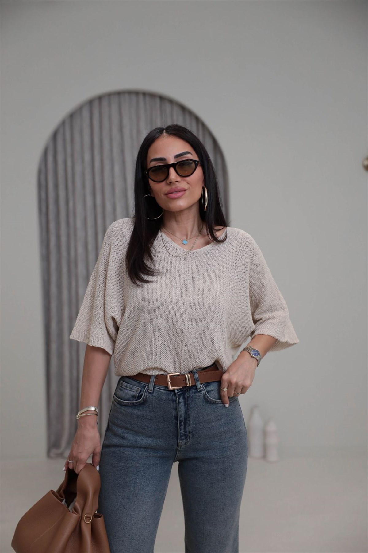 0174 Ajurlu Yarasa Kol Bluz BEJ
