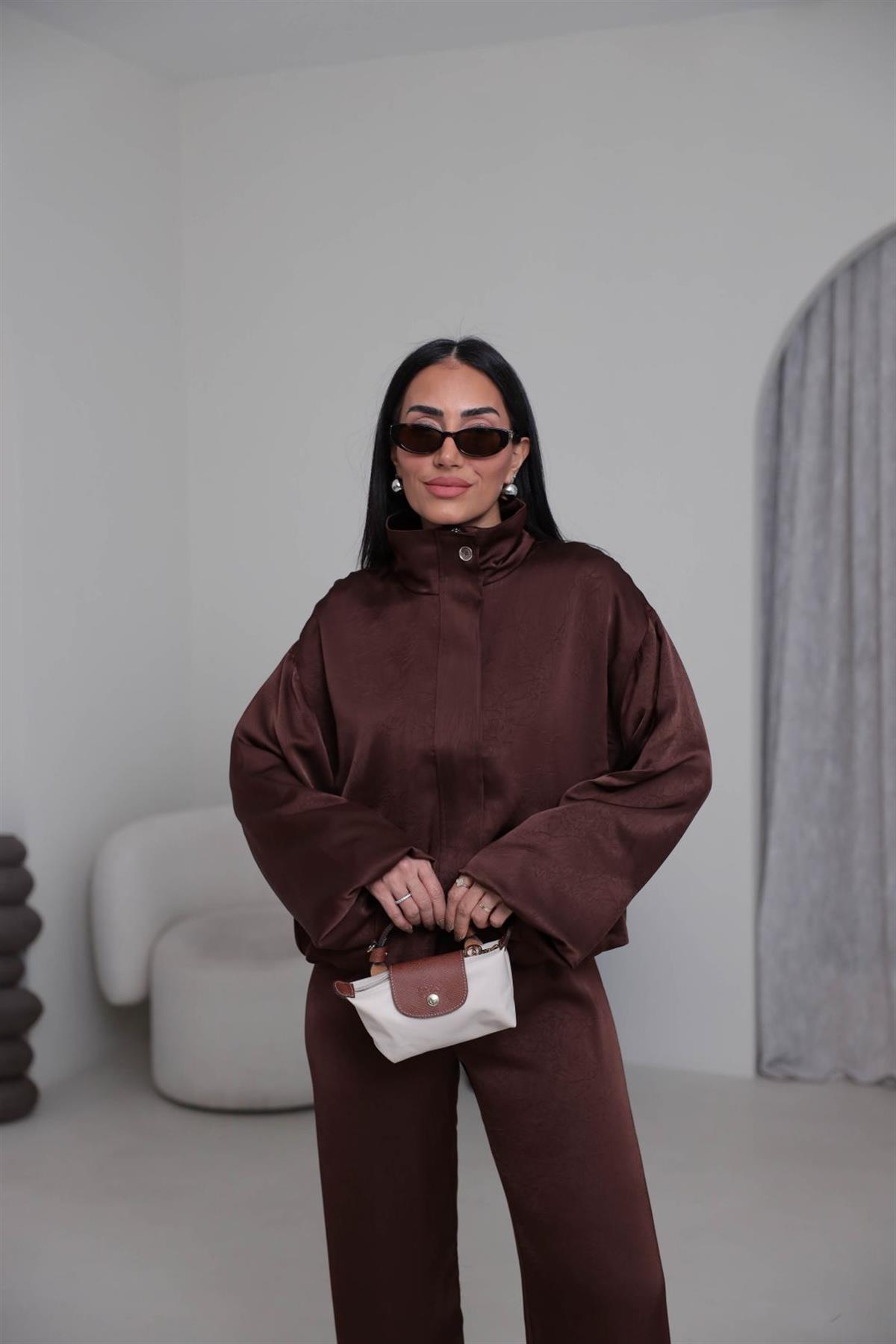 6800 Önden Fermuarlı Bomber Saten Takım KAHVE