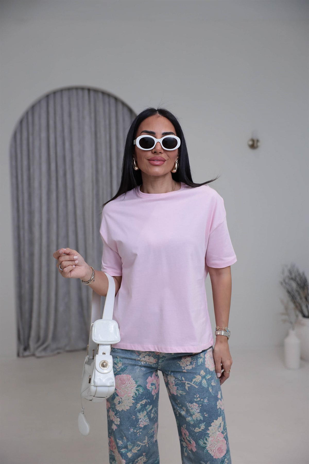 3683Y Bisiklet Yaka Pamuklu Basic Tshirt PEMBE