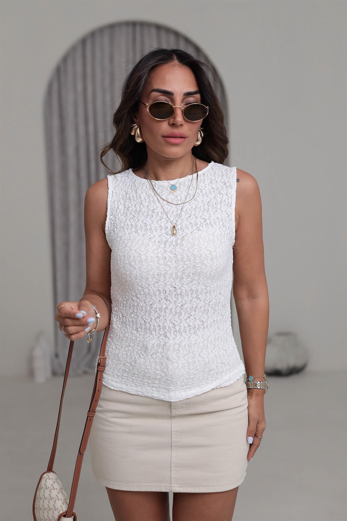 1016 Kayık Yaka Dantel Bluz EKRU