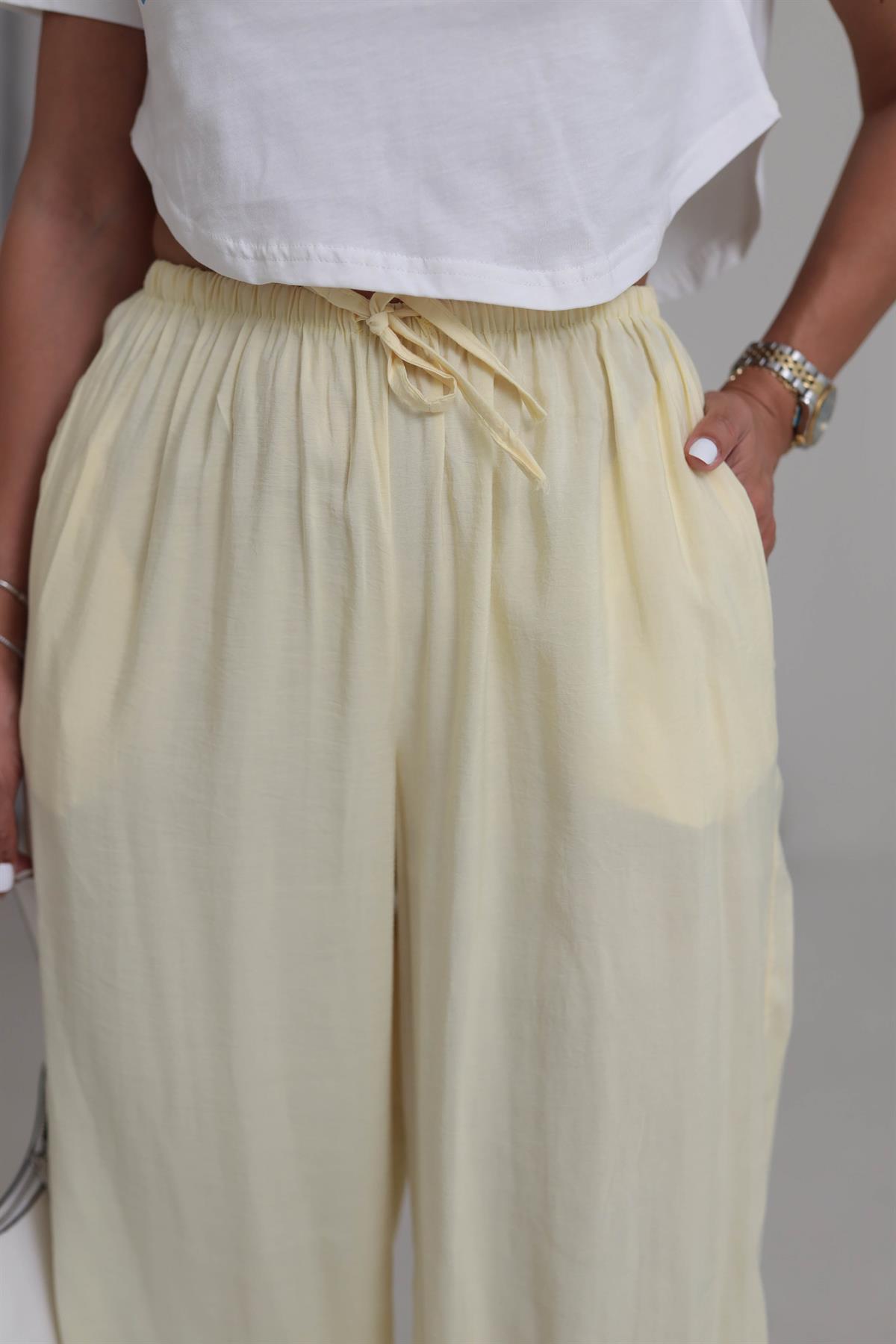 1141 Bel Lastikli Tencel Pantolon SARI