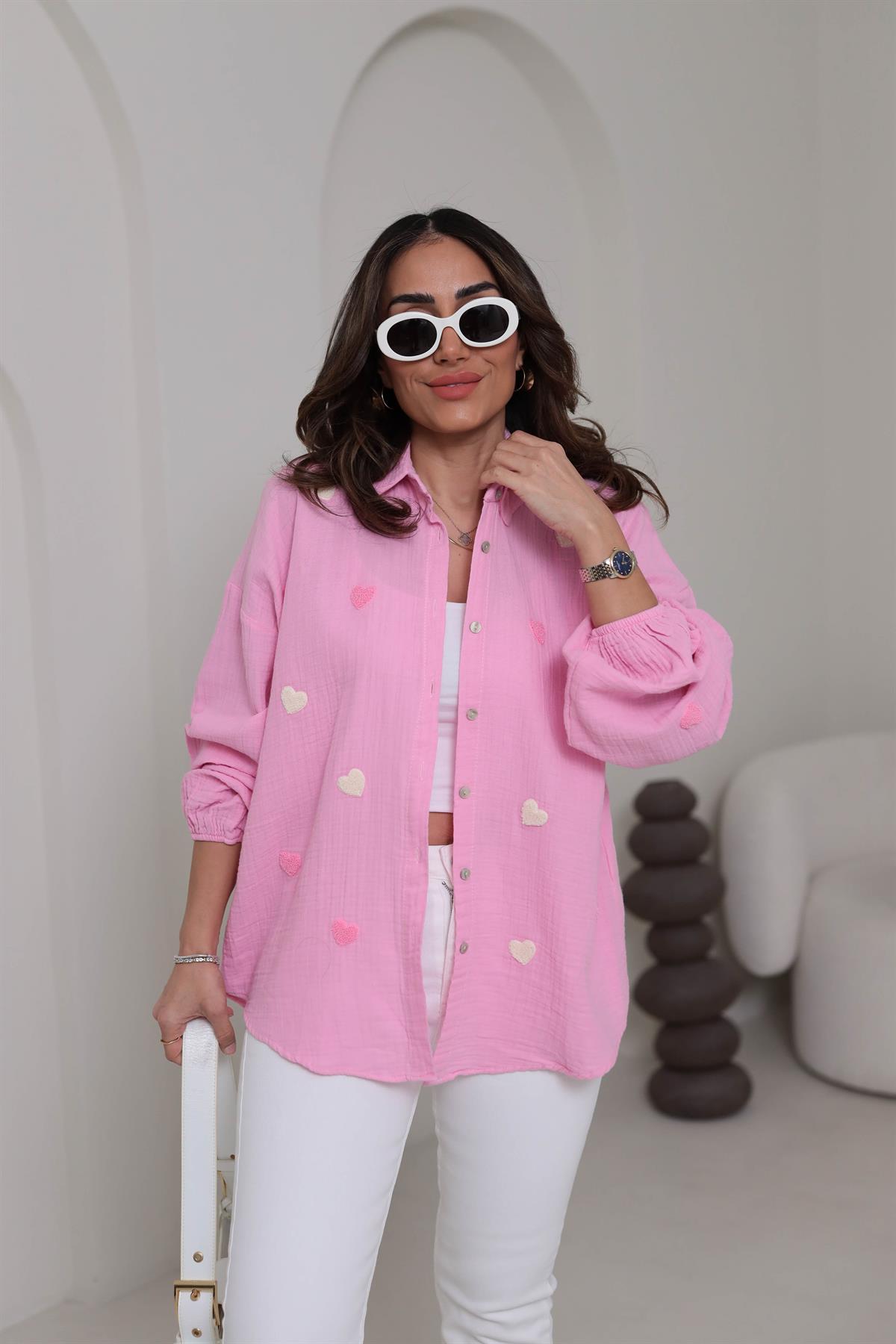 7930 Kalpli Kol Lastikli Müslin Kumaş Gömlek PEMBE