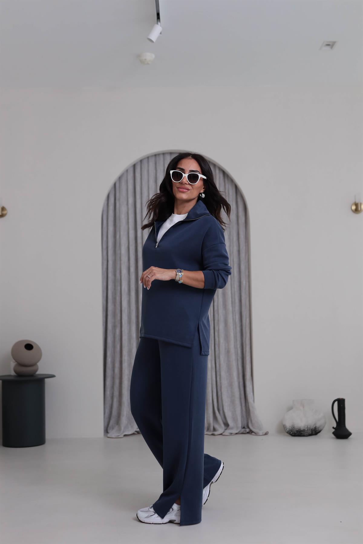 Yanları Yırtmaç Detaylı Yarım Fermuarlı Modal Takım LACİVERT