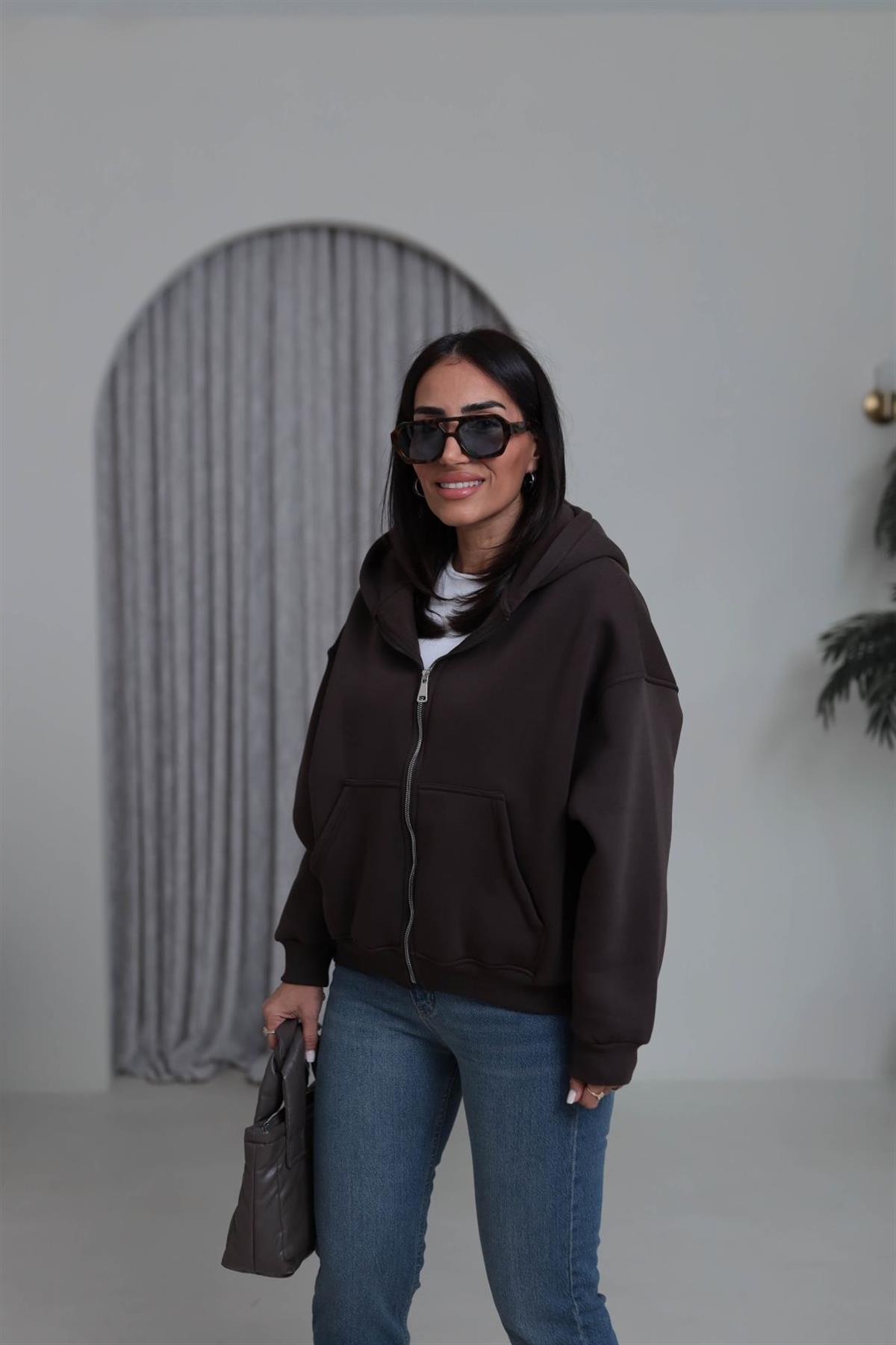 0822 Kapüşonlu Fermuarlı Şardonlu Sweatshirt ACI KAHVE