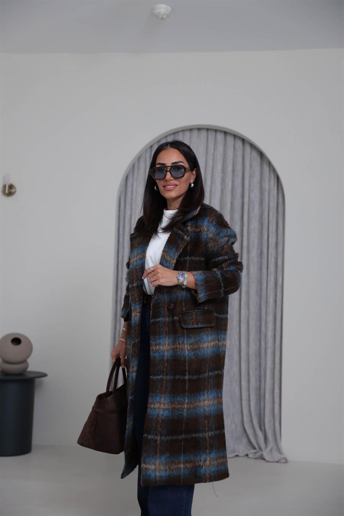 9751 Kare Desenli Yün Palto KAHVE