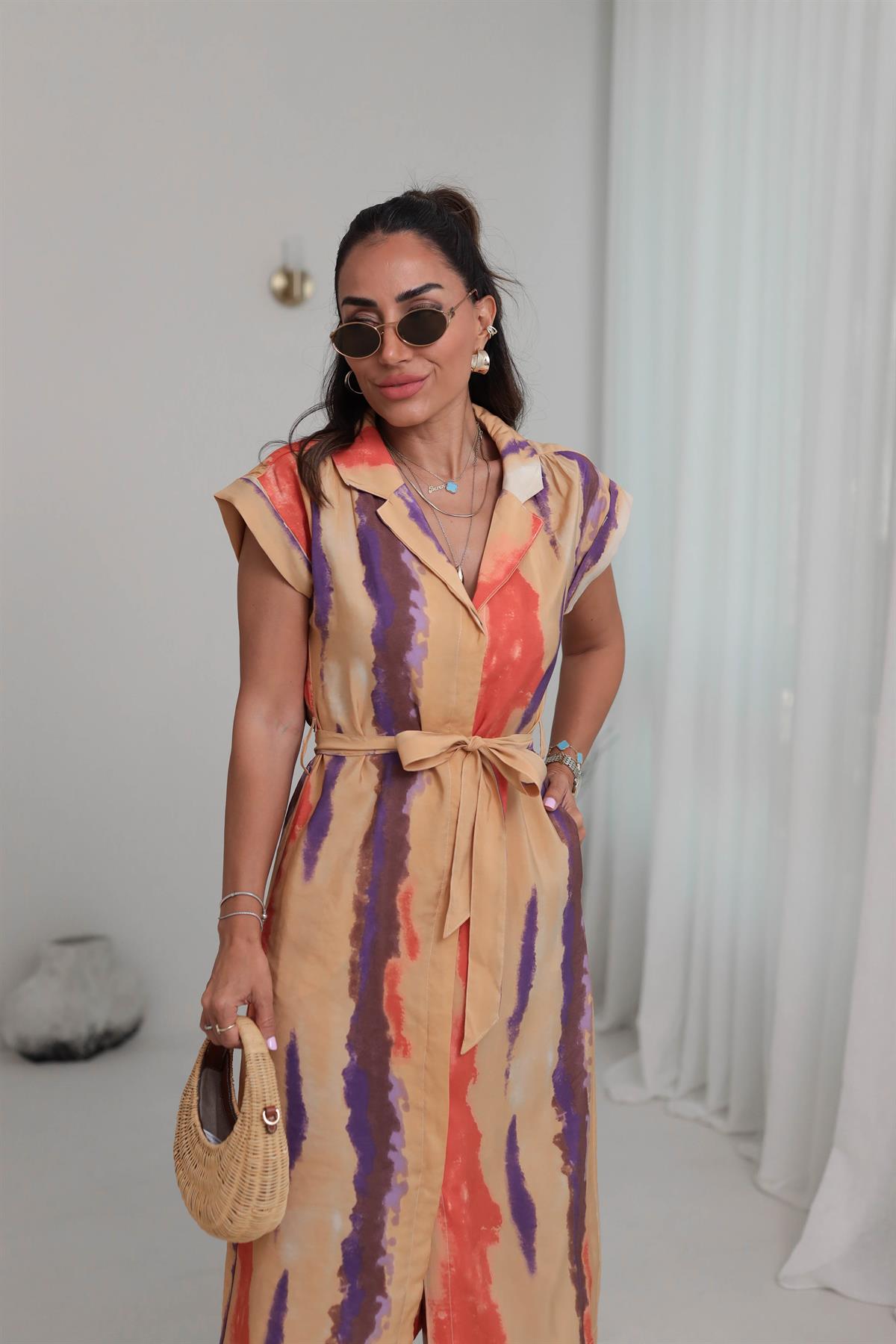 6284 Desenli Viskon Gömlek Elbise RENKLİ