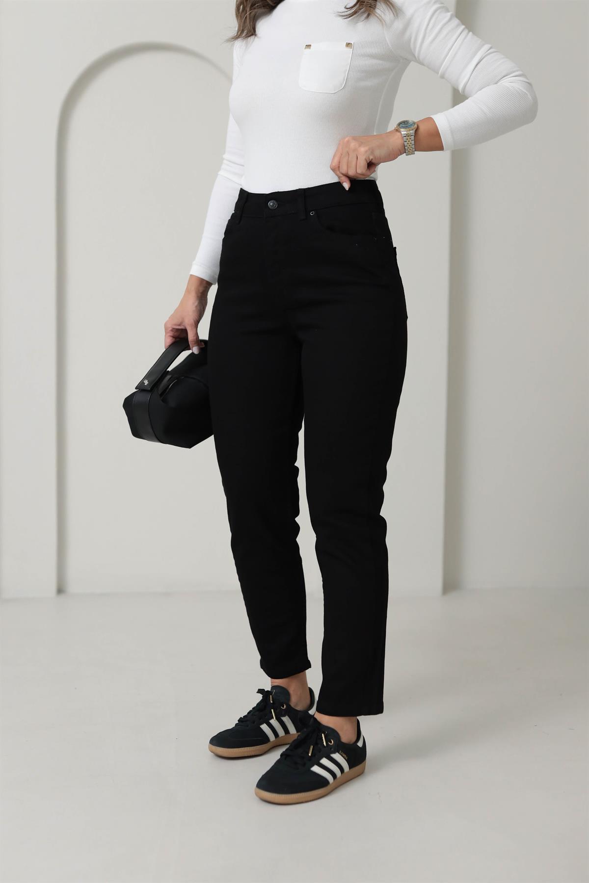 1002 Mom Fit Likralı Jean SİYAH