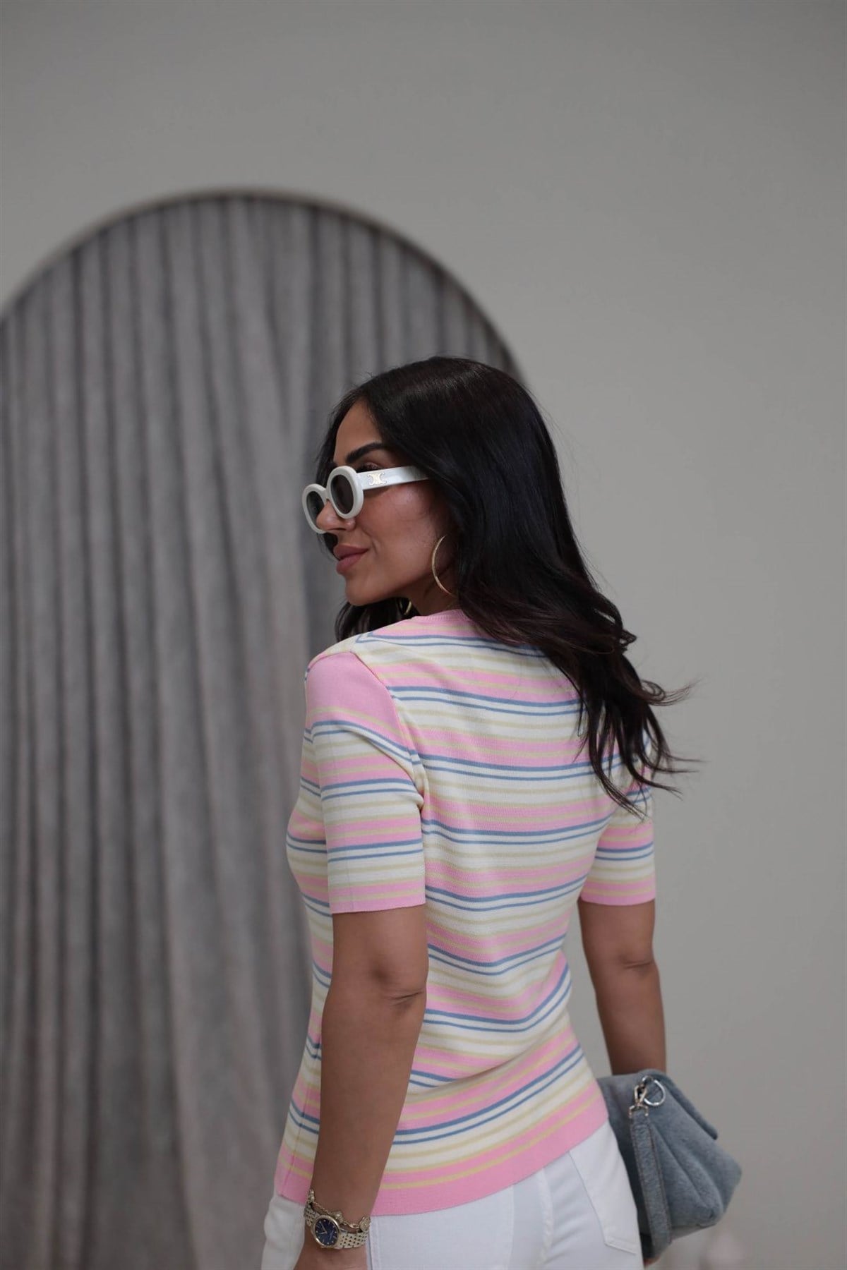 0642 Rayon Kumaş Çizgili Önden Düğmeli Bluz PEMBE