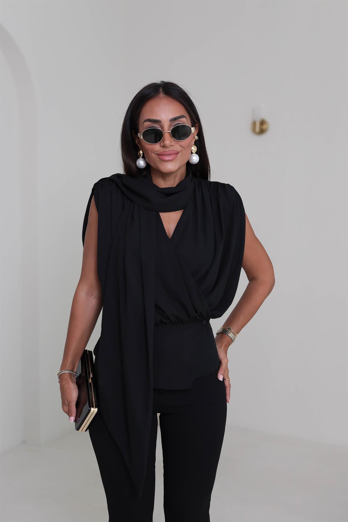 6197 Vatkalı Şal Detaylı Bluz SİYAH