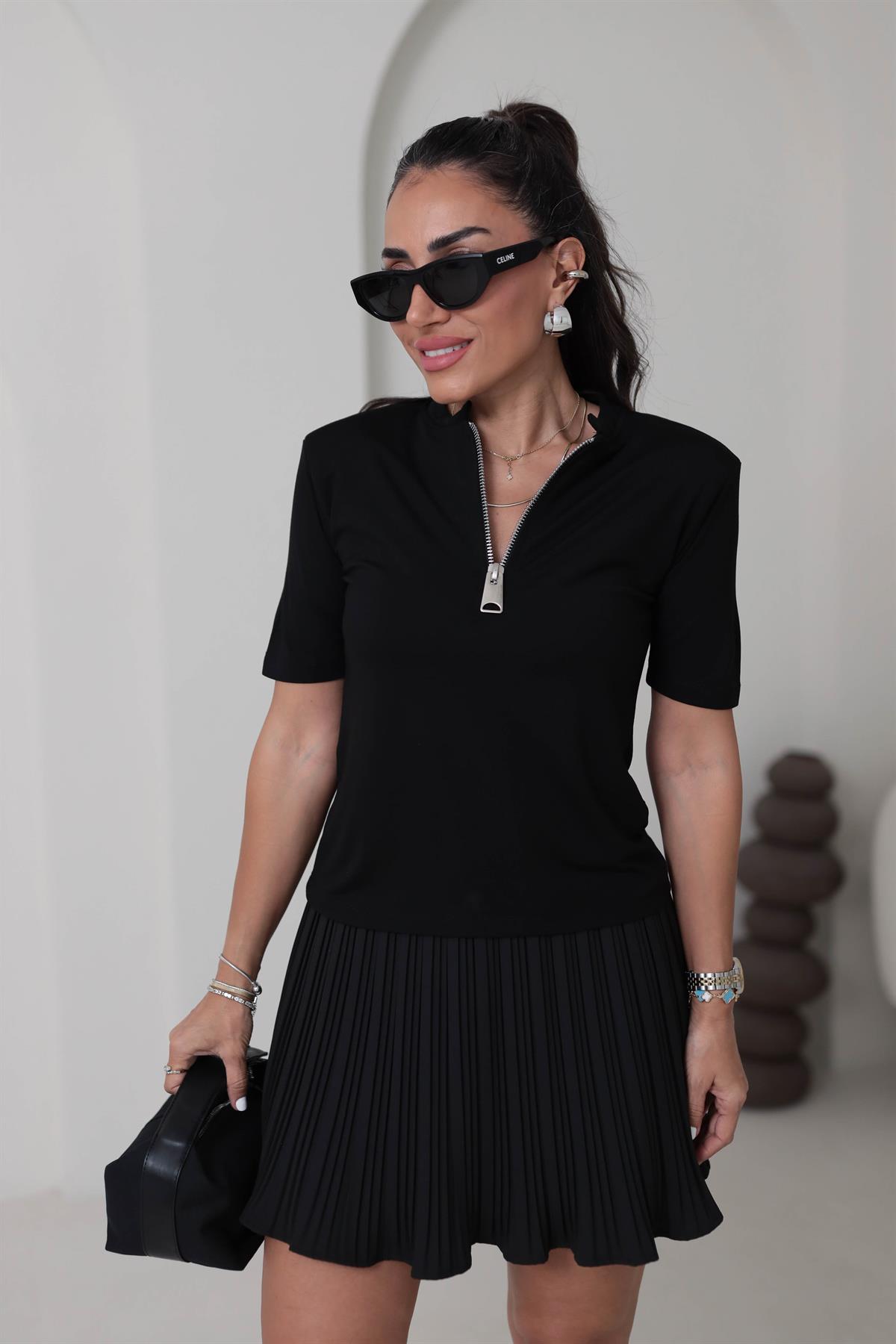 9647 Önü Fermuarlı Vatkalı Kısa Kol Sandy Bluz SİYAH