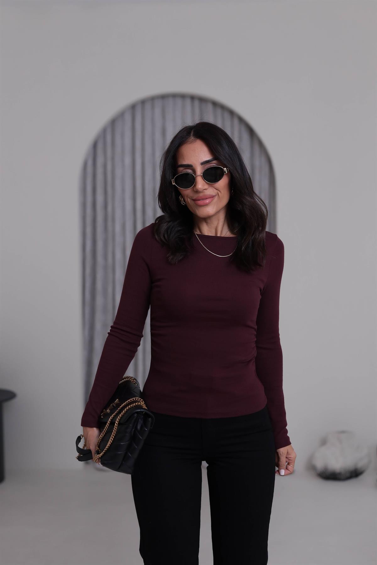 1401 Kayık Yaka Büzgülü Uzun Kollu Bluz BORDO