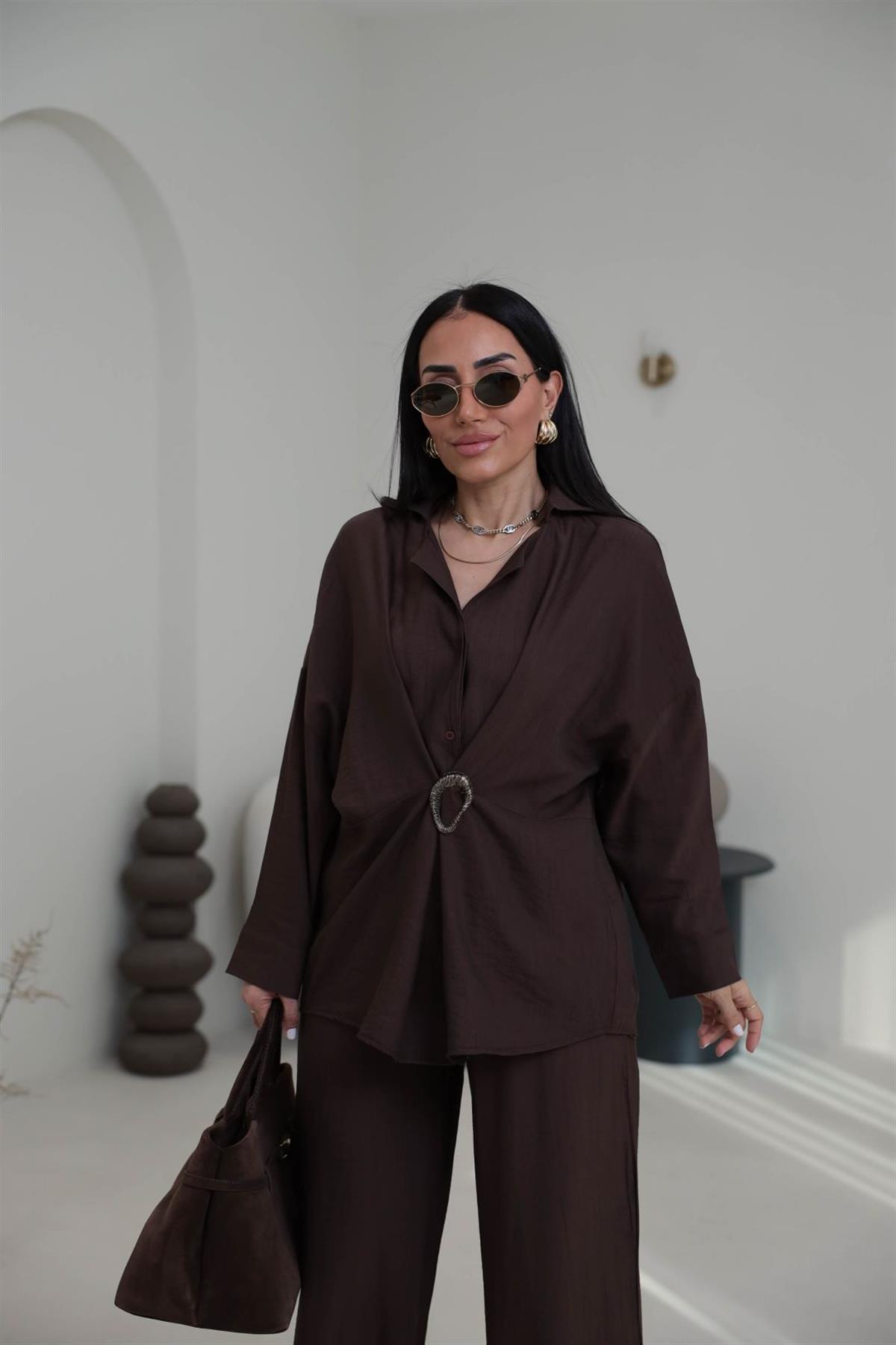 7091 Broş Detaylı Gömlek Pantolon Takım KAHVE