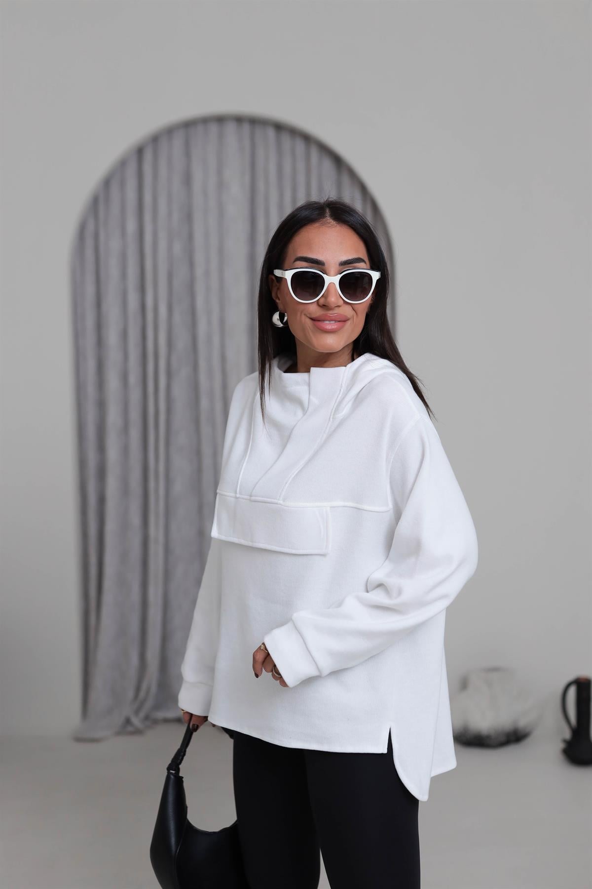 1750 Yaka Detay Selanik Kapşonlu Sweatshirt BEYAZ