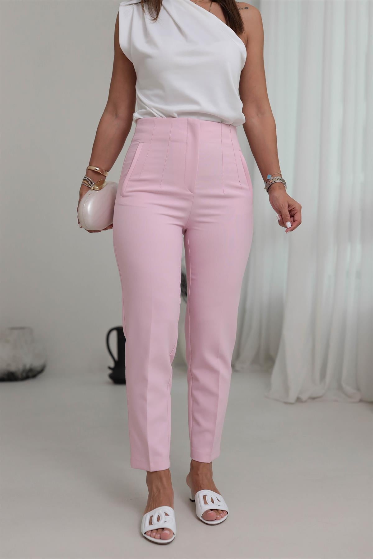 U5113-K Önü Flotalı Kumaş Pantolon PEMBE