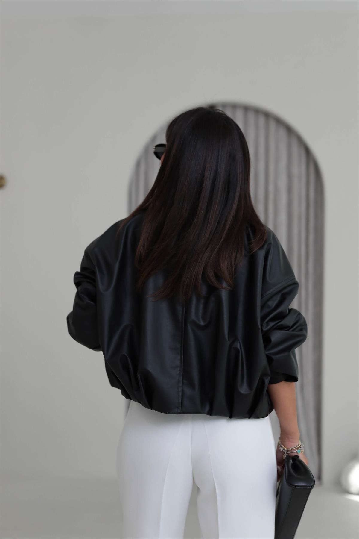 3137 Kemer Detaylı Fermuarlı Deri Ceket SİYAH