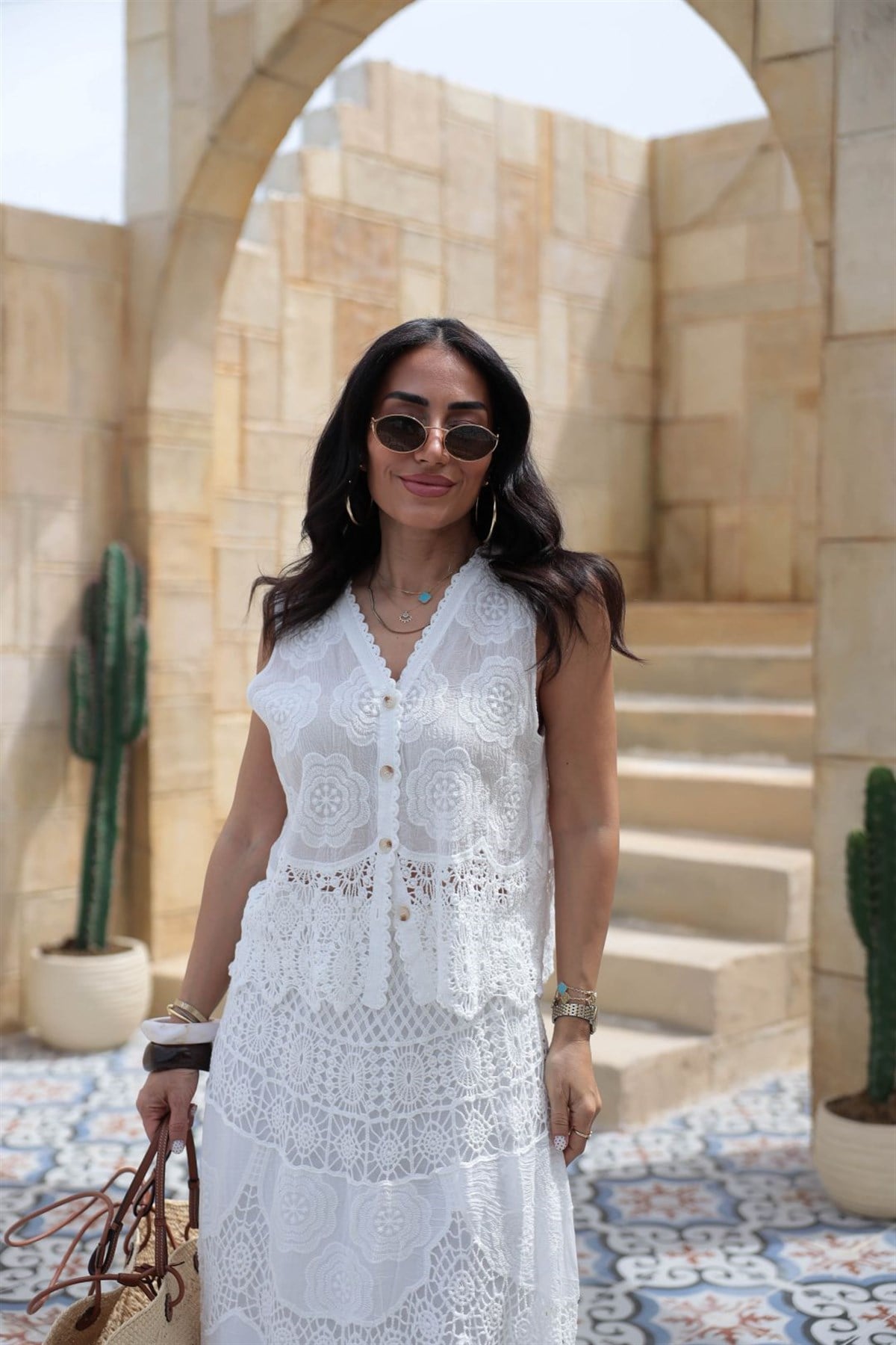 8402 Dantel Garnili İşleme Detaylı İthal Yelek BEYAZ