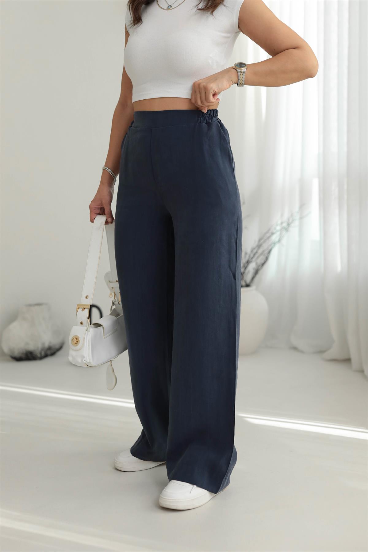 7054 Arkası Bel Lastikli Tencel Pantolon LACİVERT