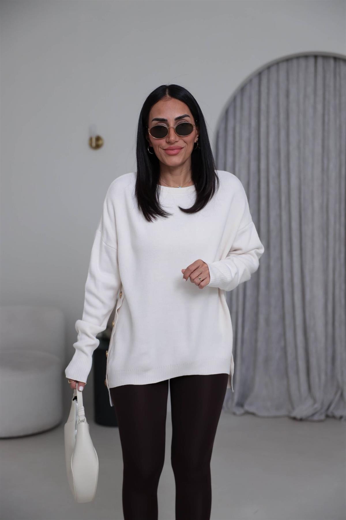 0184K Yanları Gold Düğmeli Uzun Triko Kazak EKRU