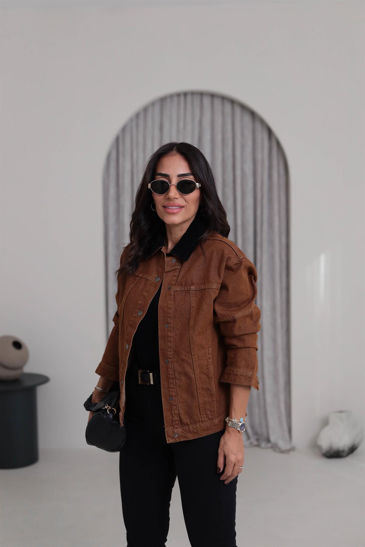 5561 Siyah Kadife Yaka Kot Ceket TABA