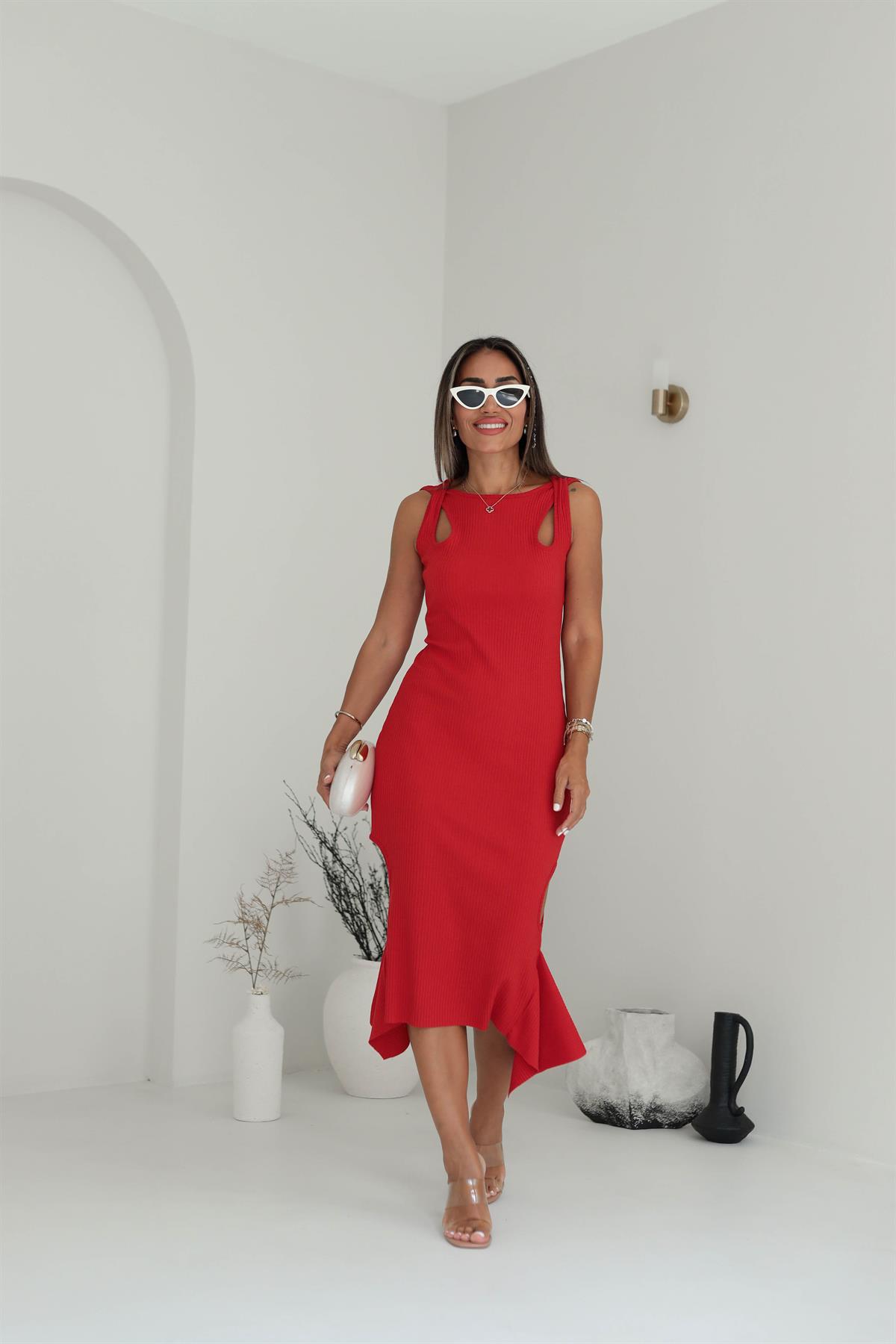 Çift Askılı Asimetrik Kesim Kaşkorse Elbise