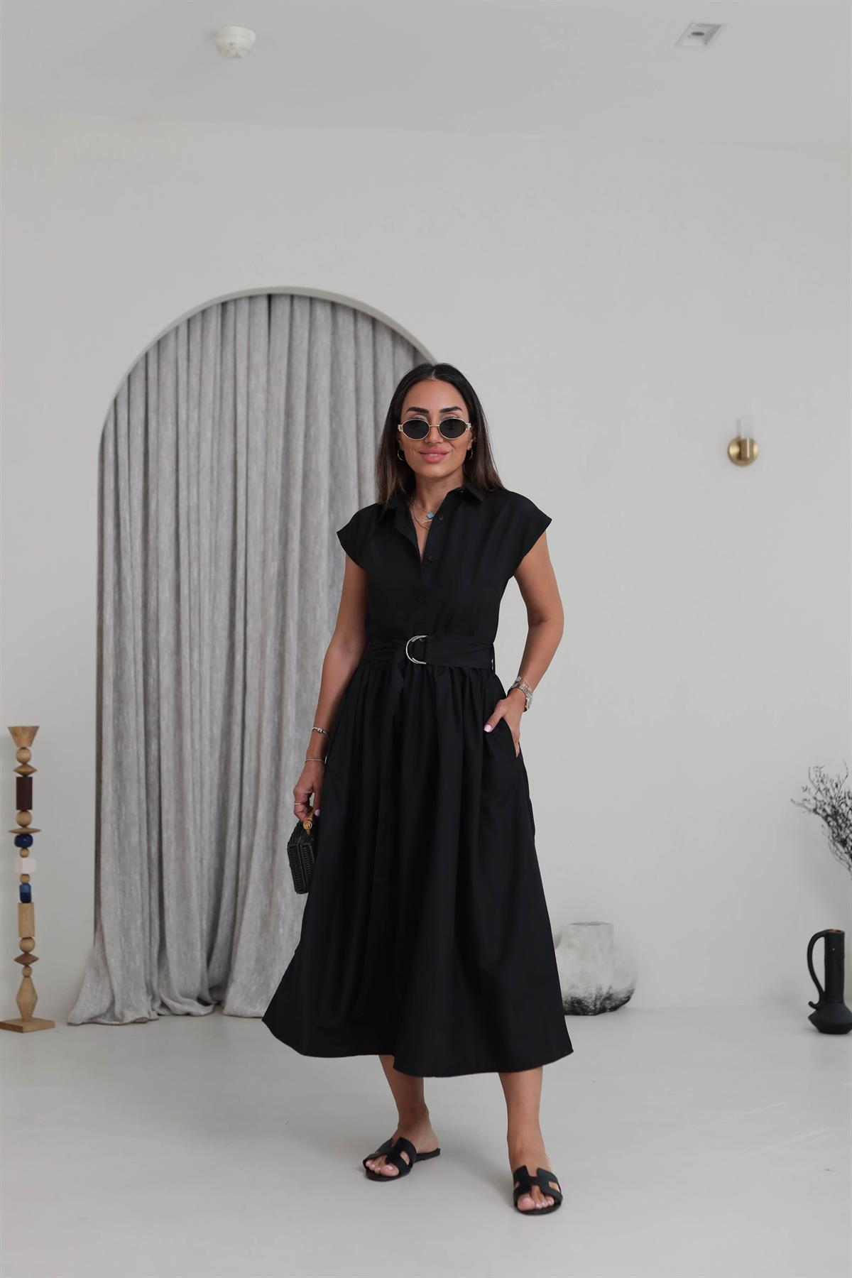 501 Polo Yaka Düğmeli Kuşaklı Uzun Elbise SİYAH
