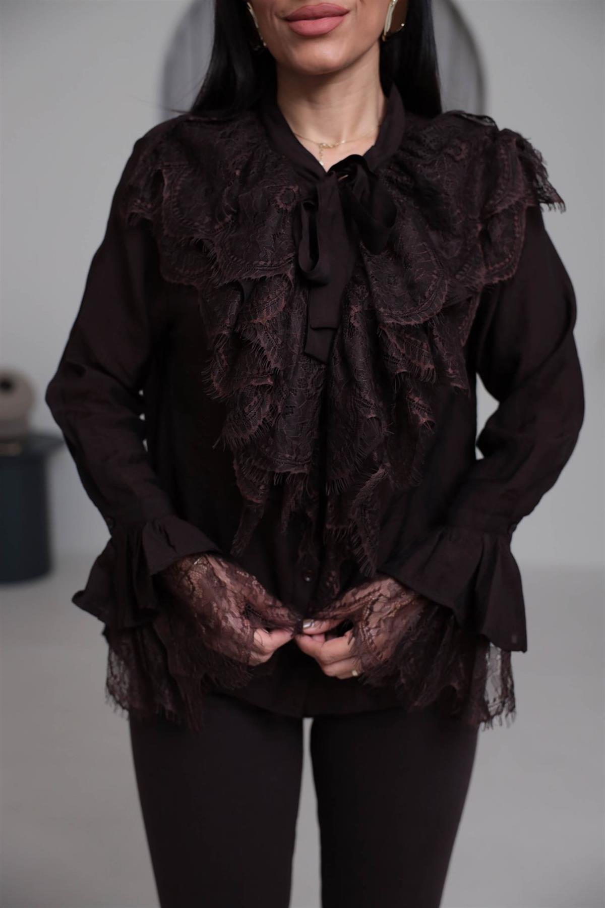 4512 Güpür Detaylı Önden Bağlamalı Gömlek ACI KAHVE