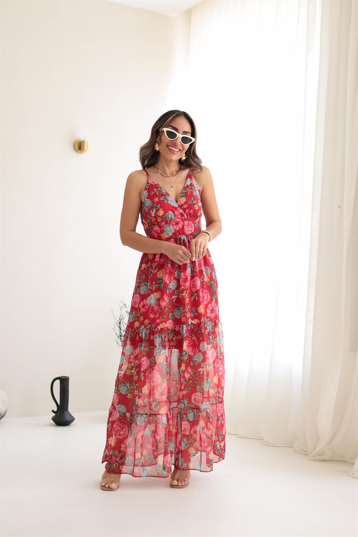 3523 İp Askılı Desenli Sırtı Gipeli Elbise