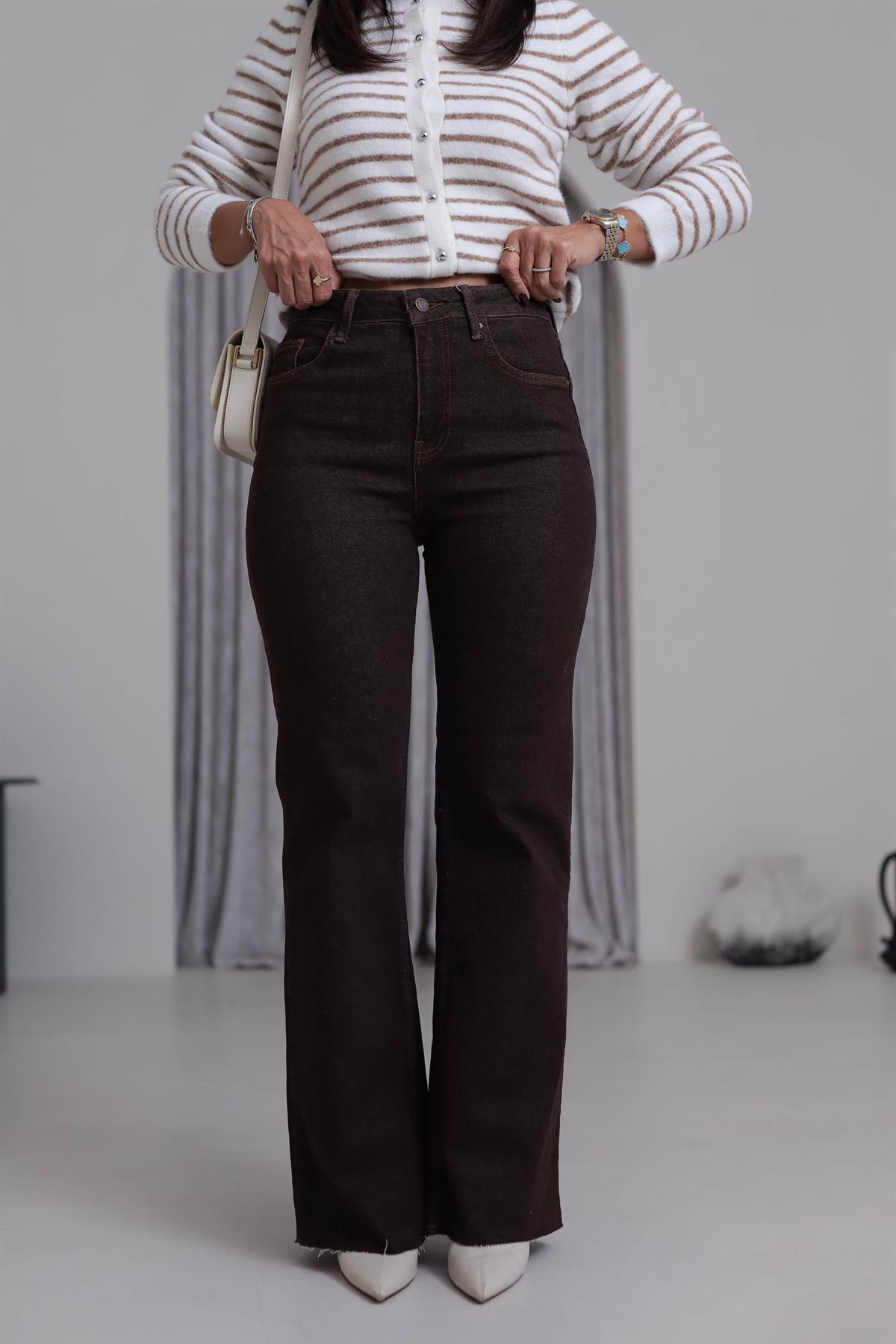 5695 Lazer Kesikli Push Up Düz Kesim Jean ACI KAHVE