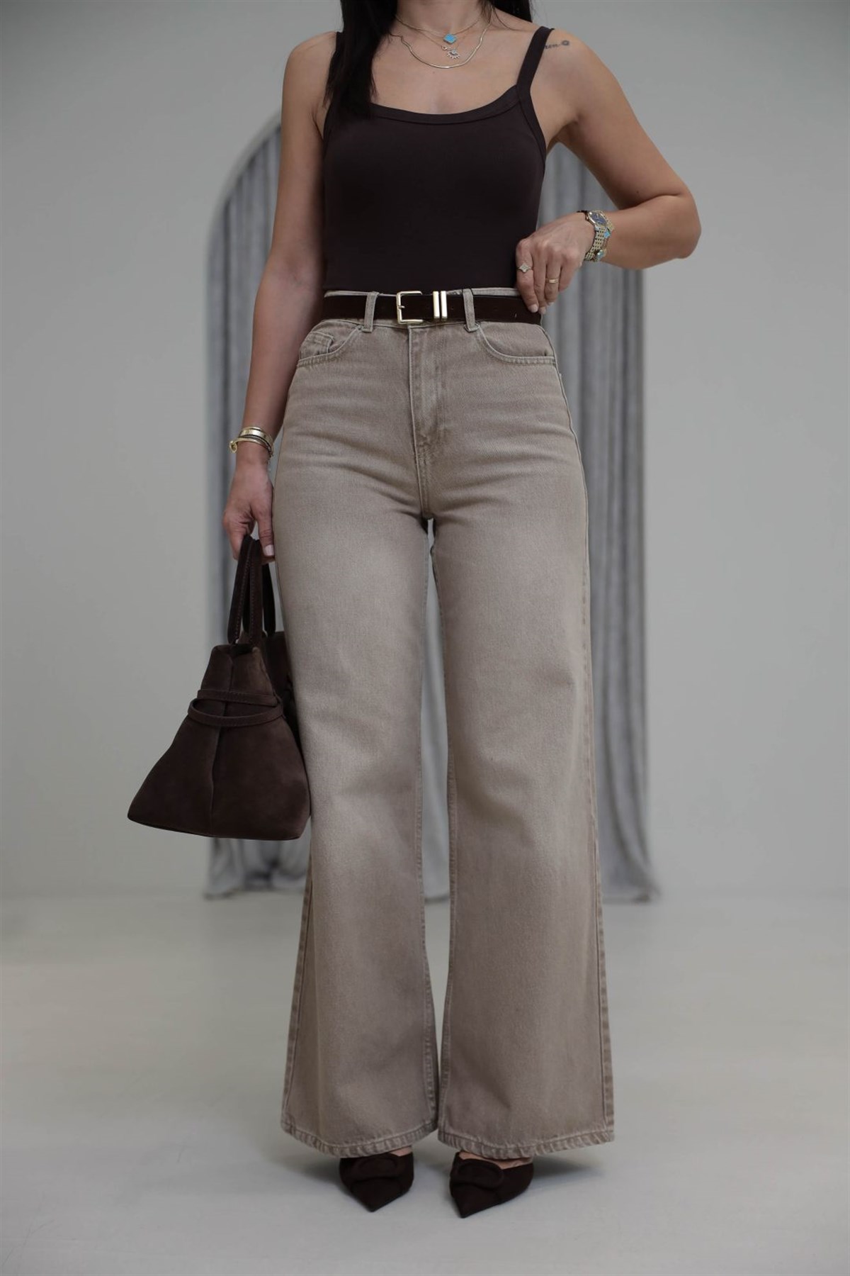 1021 Süet Kemerli Bol Kalıp Pantolon BEJ