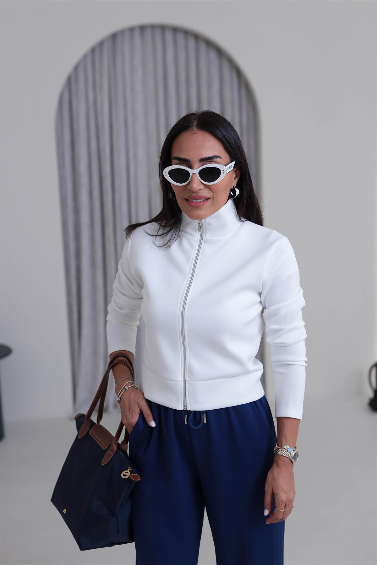 7013K Fermuarlı Scuba Kısa Ceket BEYAZ