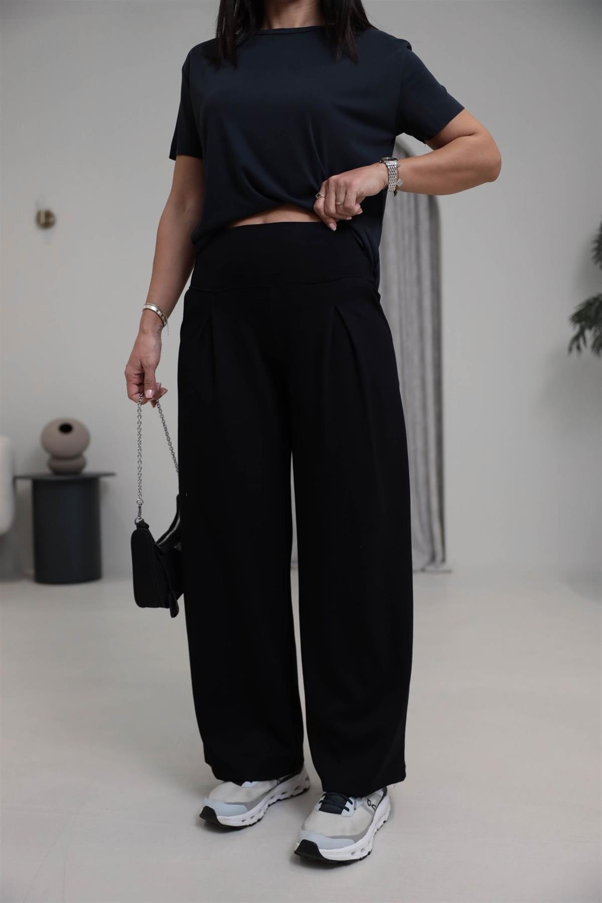 1202 Lulu Geniş Kemerli Piliseli Modal Pantolon SİYAH