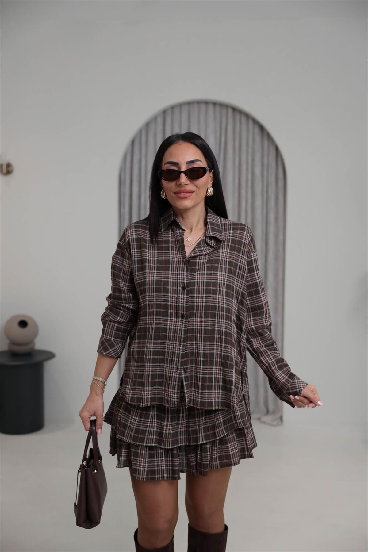 3218 Ekose Desenli Gömlekli Etek Takım KAHVE