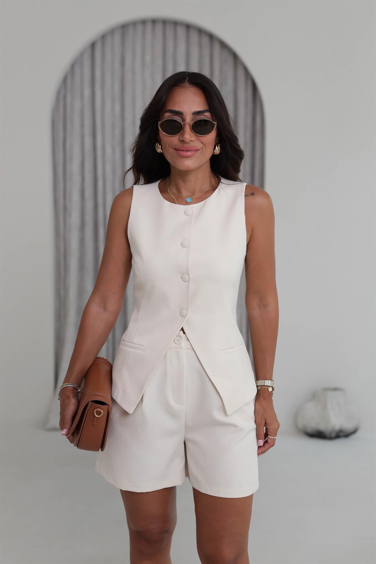 0264 Double Kumaş Yelek Şort Takım TAŞ