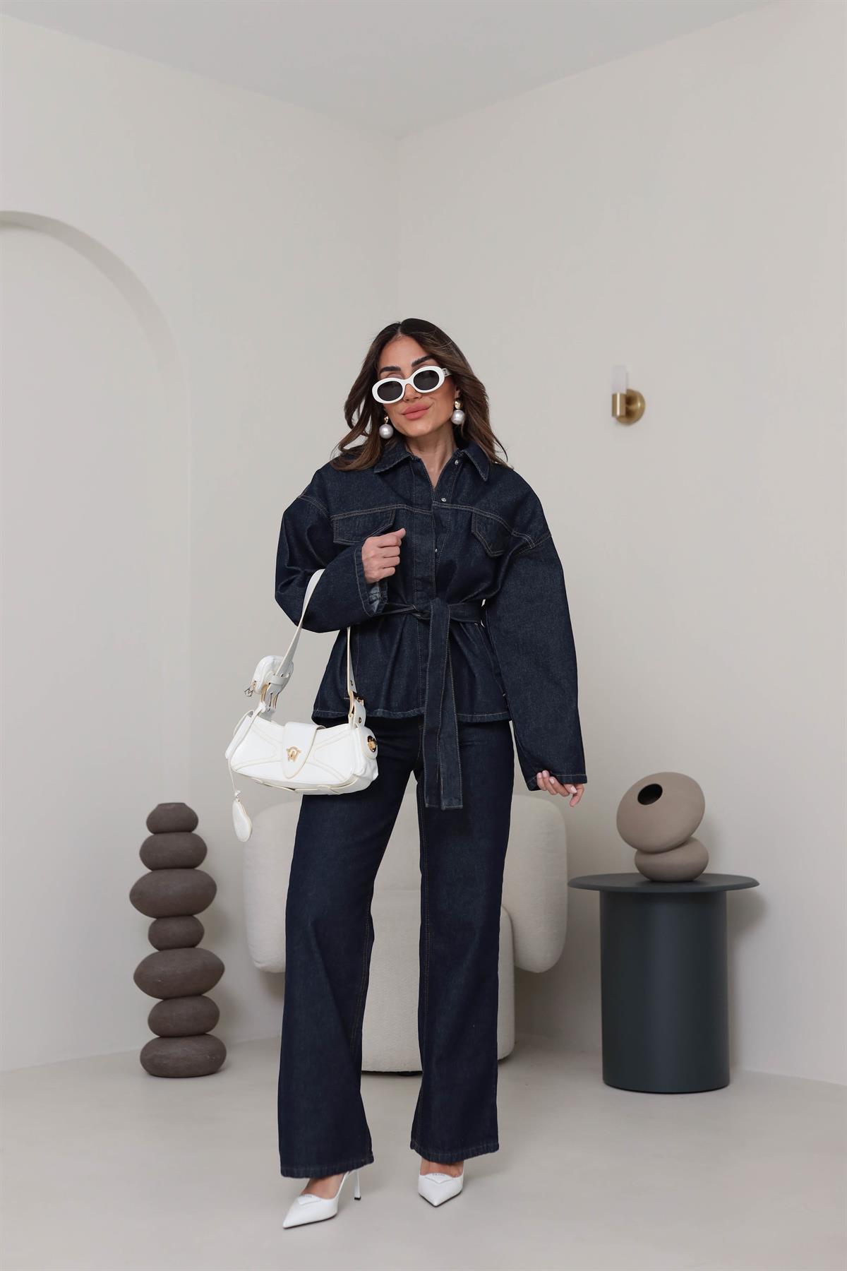 0274 Kuşaklı Gömlek & Pantolon Denim Takım KOYU LACİ