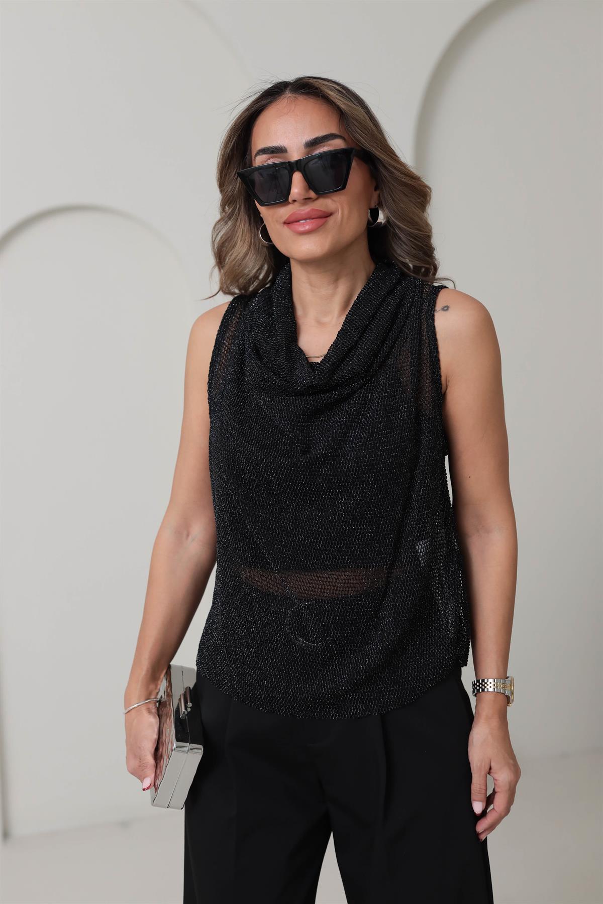 9165 Degaje Yaka Parıltılı File Bluz SİYAH