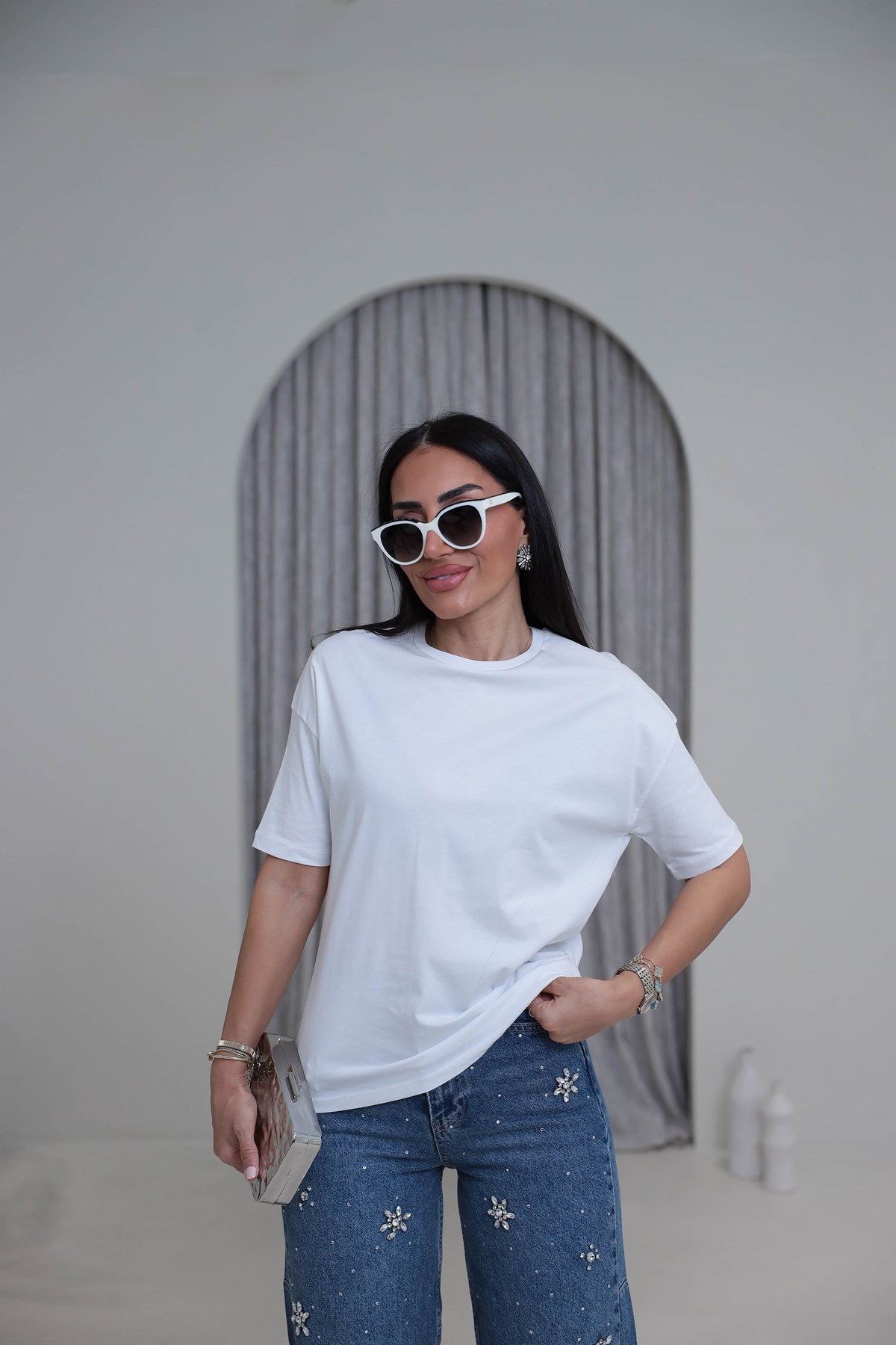 3683Y Bisiklet Yaka Pamuklu Basic Tshirt BEYAZ