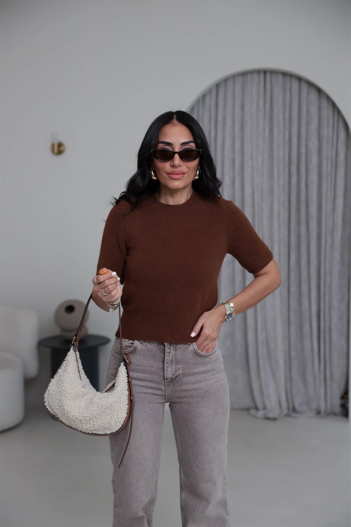 4767 Bisiklet Yaka Kısa Kol Triko Bluz KAHVE