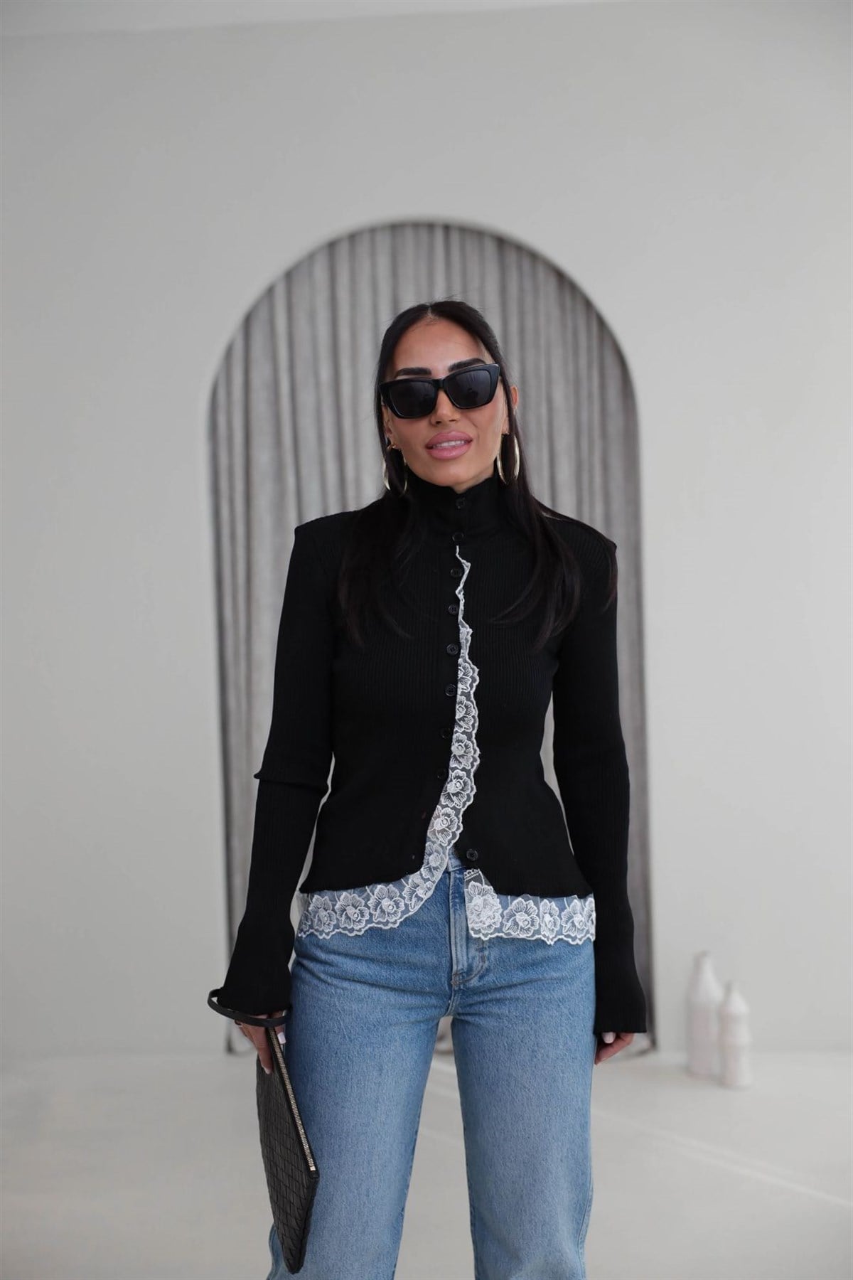 Yarım Balıkçı İspanyol Kol Güpürlü Hırka SİYAH