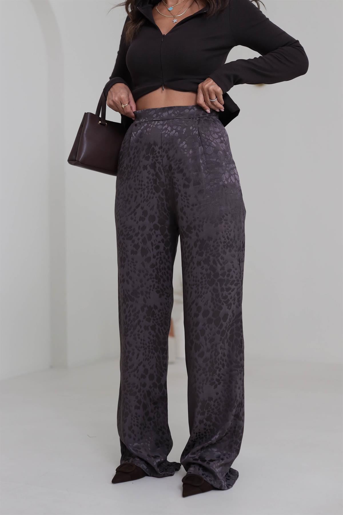 0338 Leopar Desen Saten Pantolon ACI KAHVE