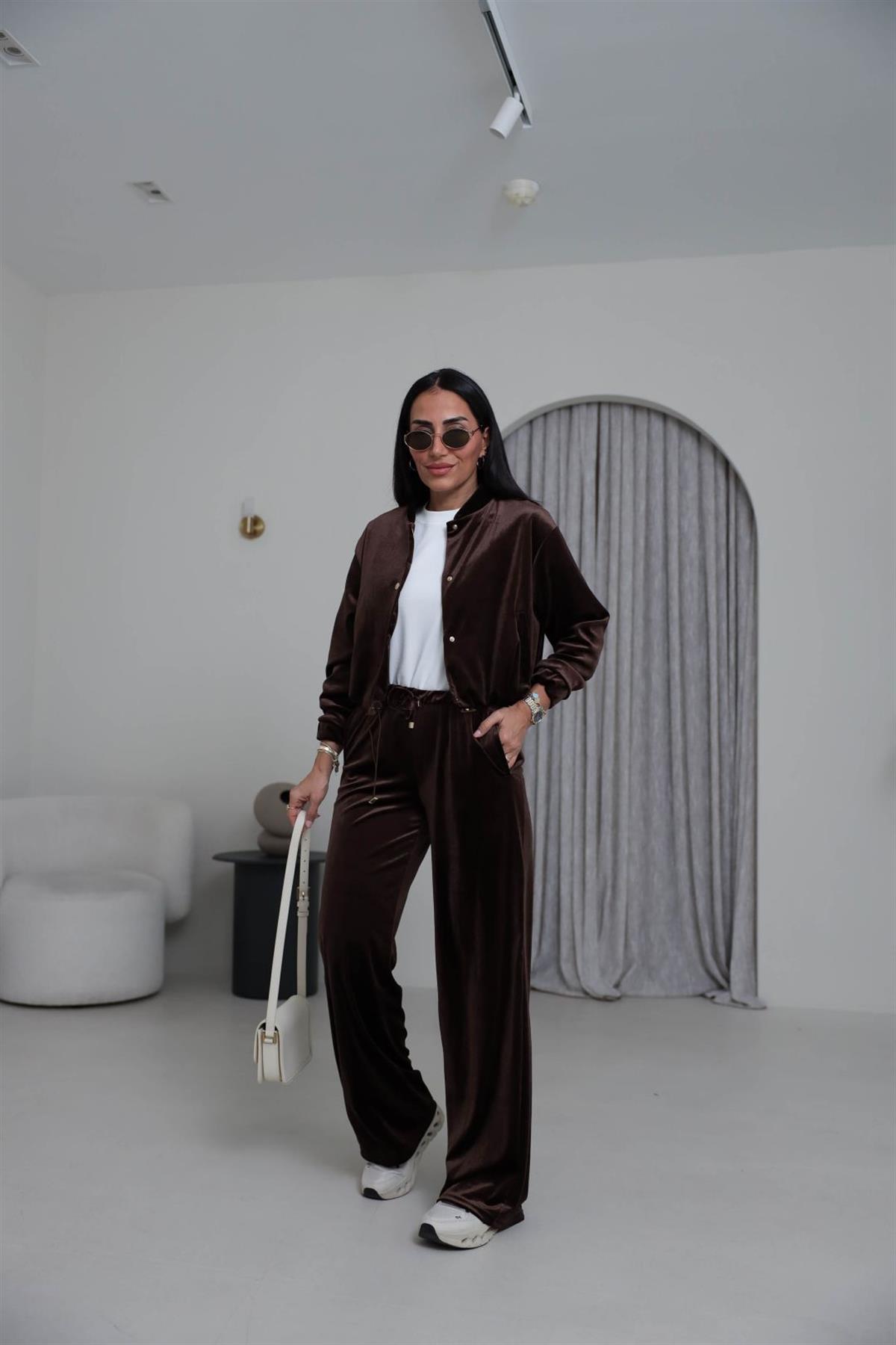 0109 Kadife Belden Büzgülü Çıtçıtlı Takım KAHVE