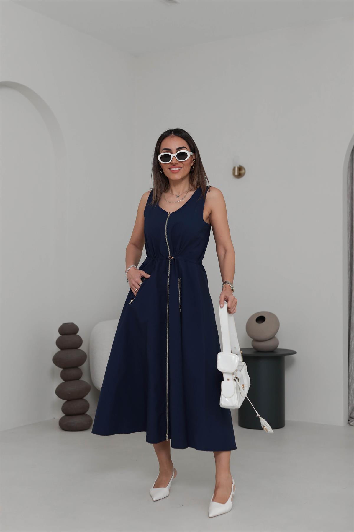 6069 Gold Fermuarlı Sıfır Kol Midi Elbise LACİVERT