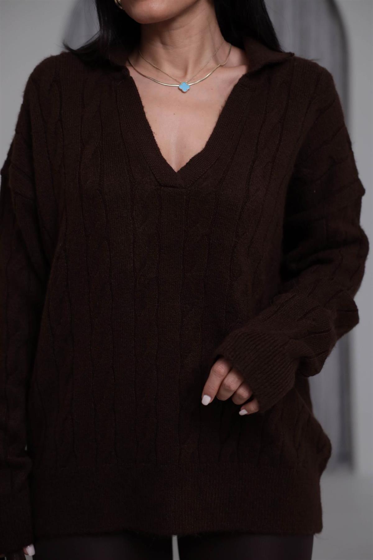 0736 V Yaka Saç Örgü Uzun Kazak KAHVE